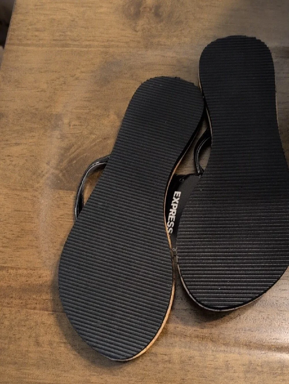 Express Black Patent-Strap Cork-Print Flip Flop Sandals